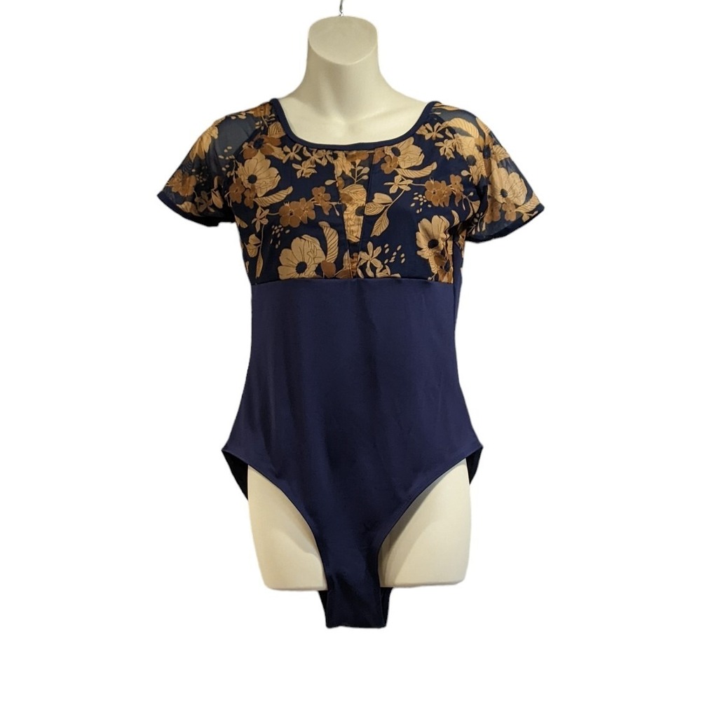 XL One Piece Swimsuit Ibtom Castle Navy Blue Floral Top‎ Short Sleeve NWT